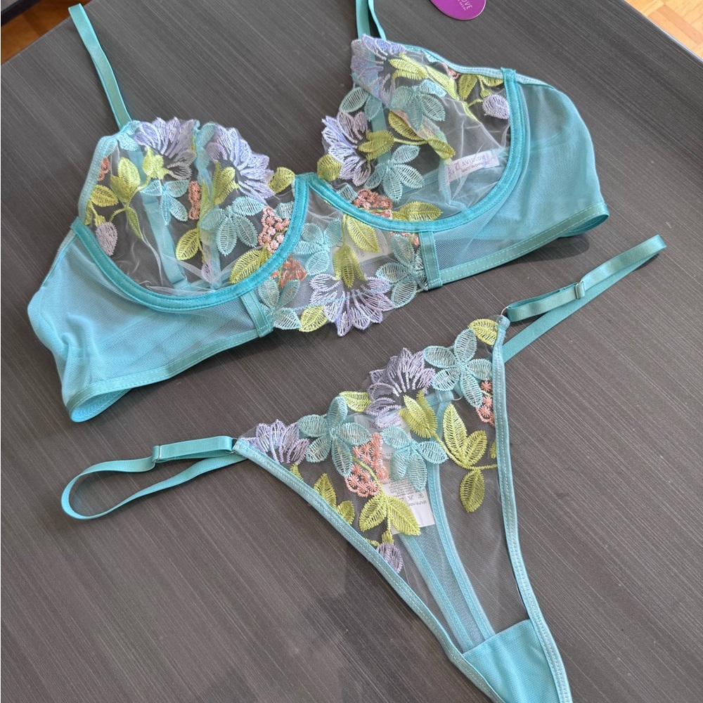 Sheer Floral Embroidered Underwire Bra & Thong Set - Aqua